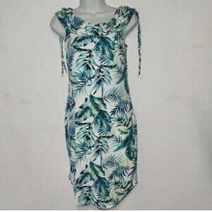 No Boundaries *** Sleeveless Dress, stylish Tropical leaf pattern, cowl neck. LG